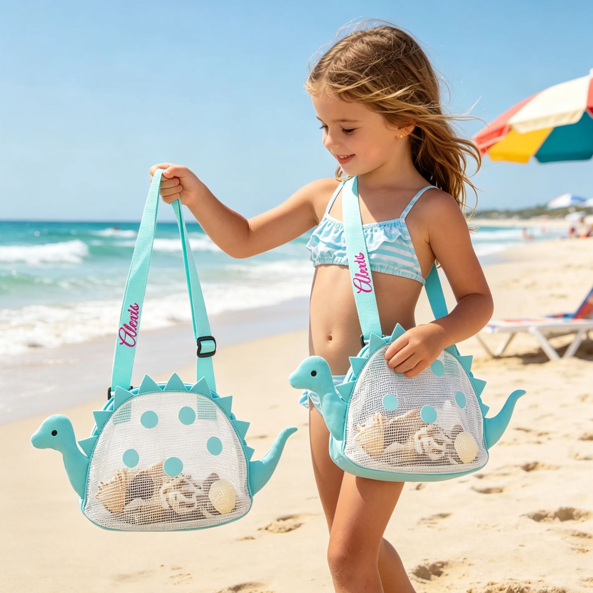Personalized Dinosaur Seashell Zipper Mesh Beach Bag | CWBeach97