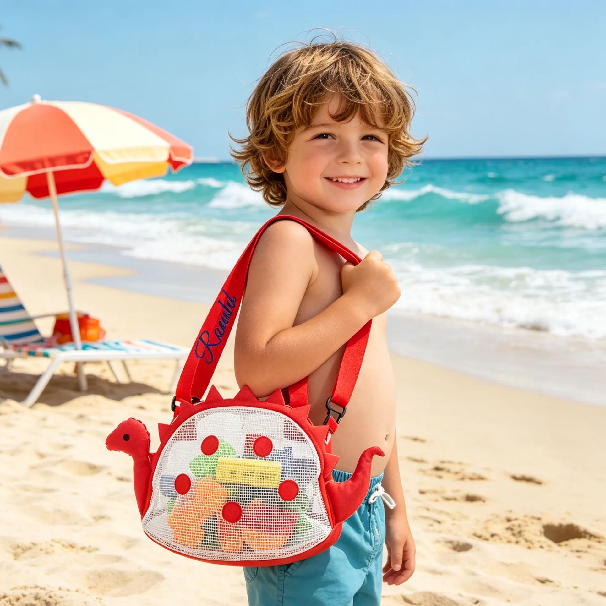 Personalized Dinosaur Seashell Zipper Mesh Beach Bag | CWBeach97