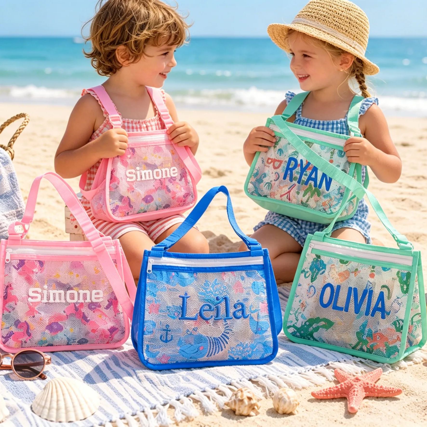 Personalized Embroidery Seashell Zipper Mesh Beach Bag | CWBeach132