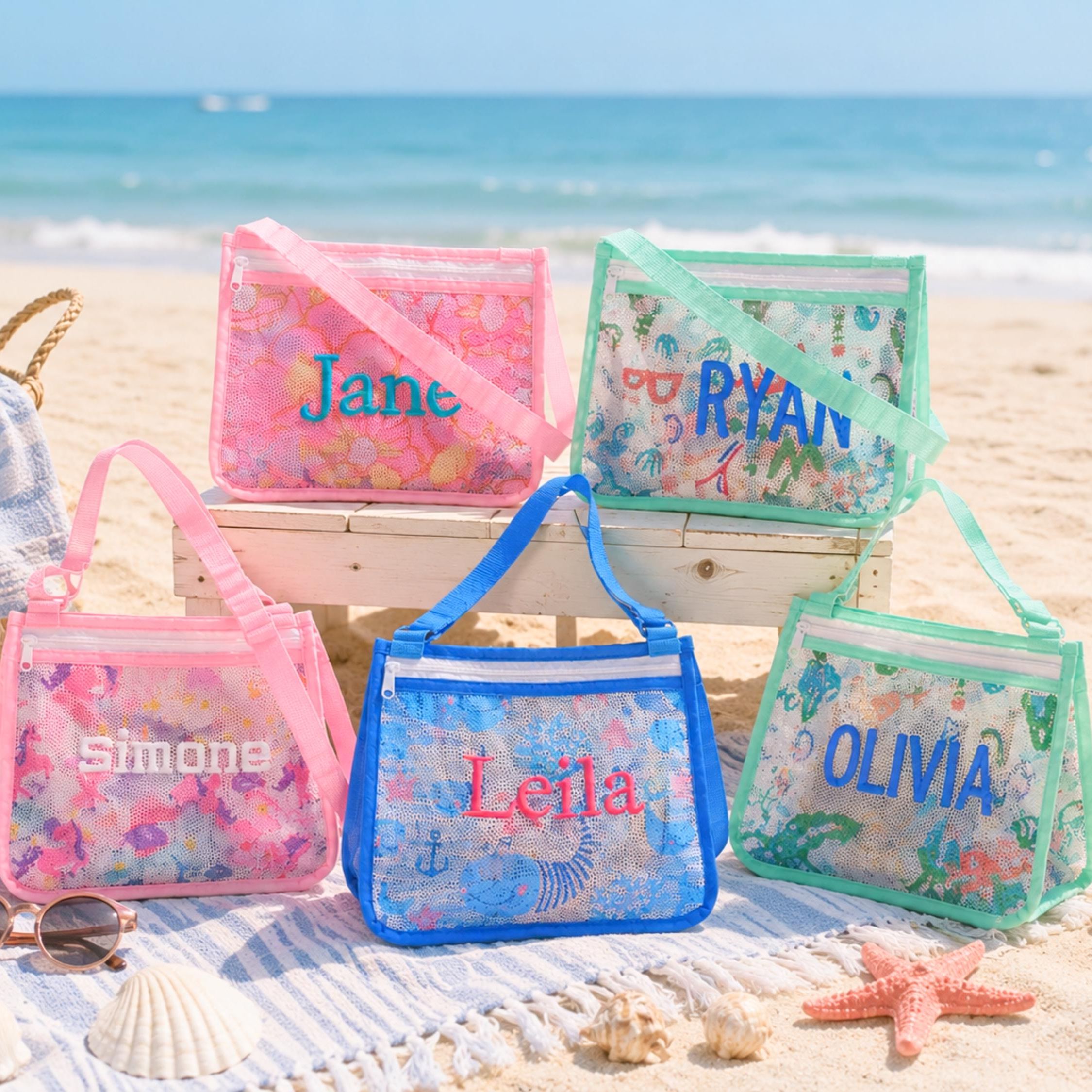Personalized Embroidery Seashell Zipper Mesh Beach Bag | CWBeach132