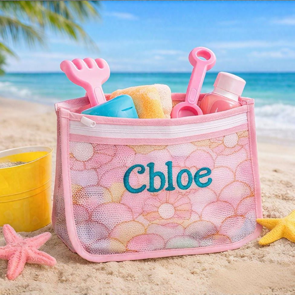 Personalized Embroidery Seashell Zipper Mesh Beach Bag | CWBeach132