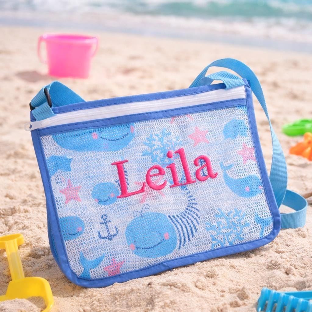 Personalized Embroidery Seashell Zipper Mesh Beach Bag | CWBeach132