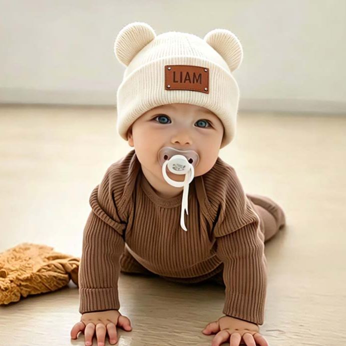 Personalized Leather Patch Kid Beanie Hat With Bear Ears | HSKid92
