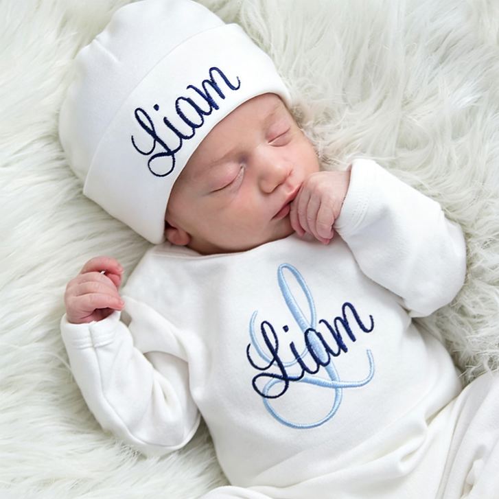 Personalized Embroidery Monograms Baby Coming Home Romper and Hat Set | CWBaby160