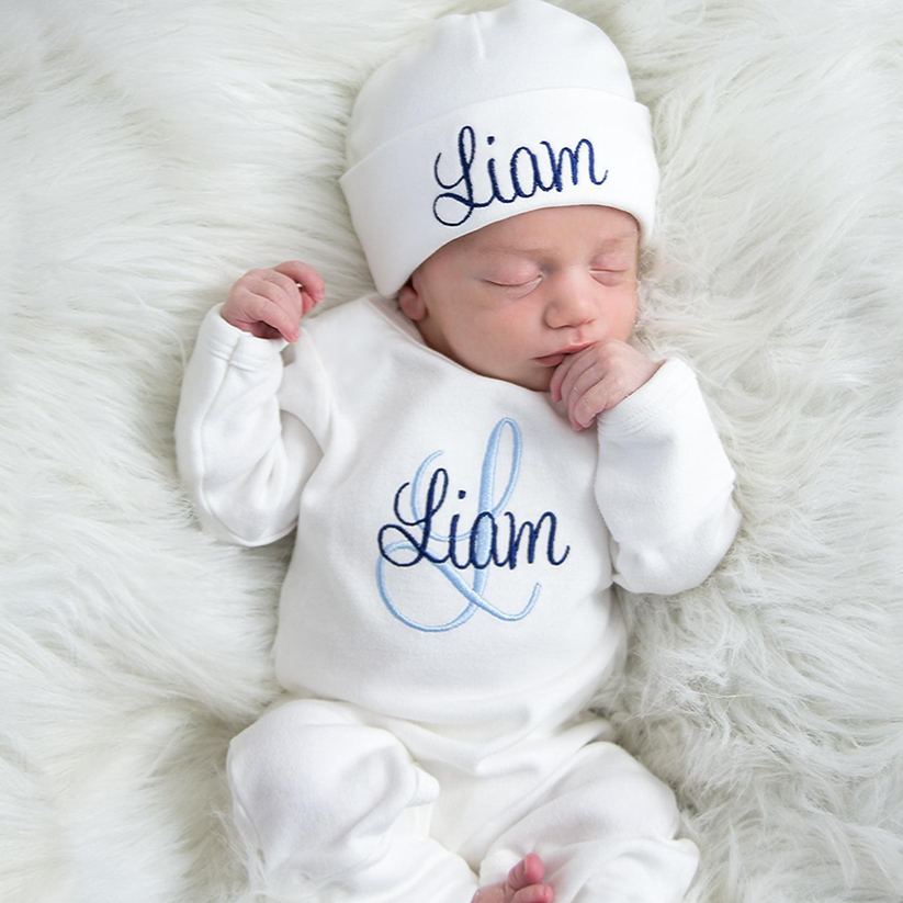 Personalized Embroidery Monograms Baby Coming Home Romper and Hat Set | CWBaby160