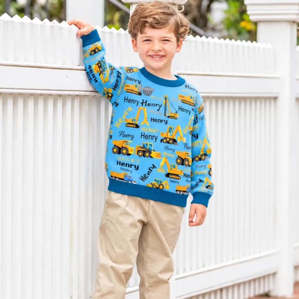 Personalized Lovely Kids Construction Vehicle Knit Sweater | CWSweater24