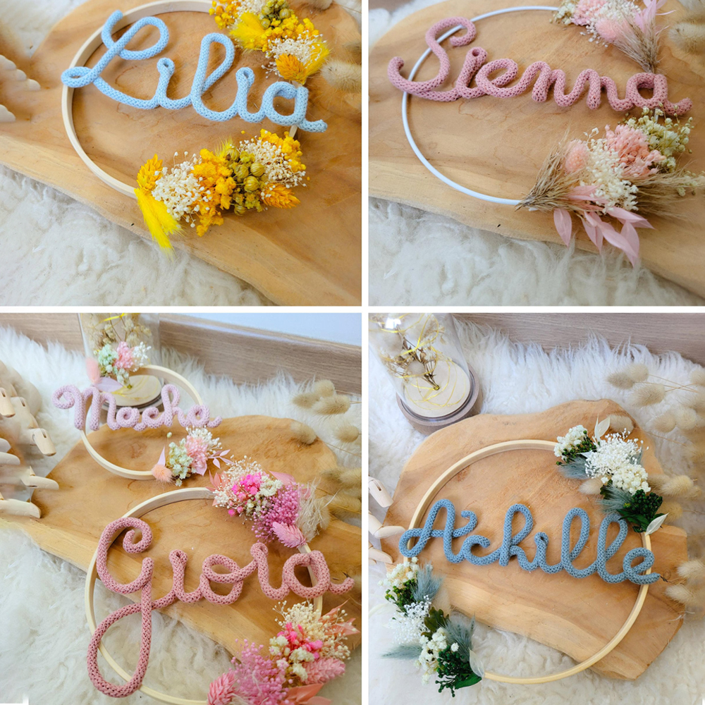 Personalized Knitted Wire Name Sign Crown with Dried Flowers | CWBaby77