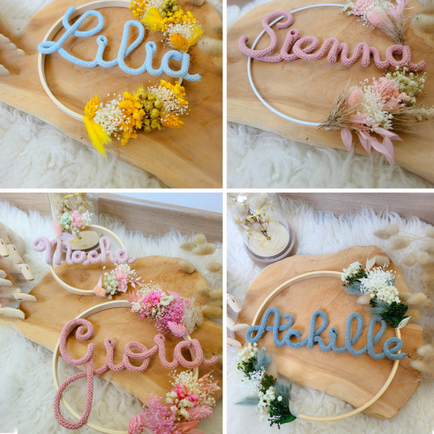 Personalized Knitted Wire Name Sign Crown with Dried Flowers | CWBaby77