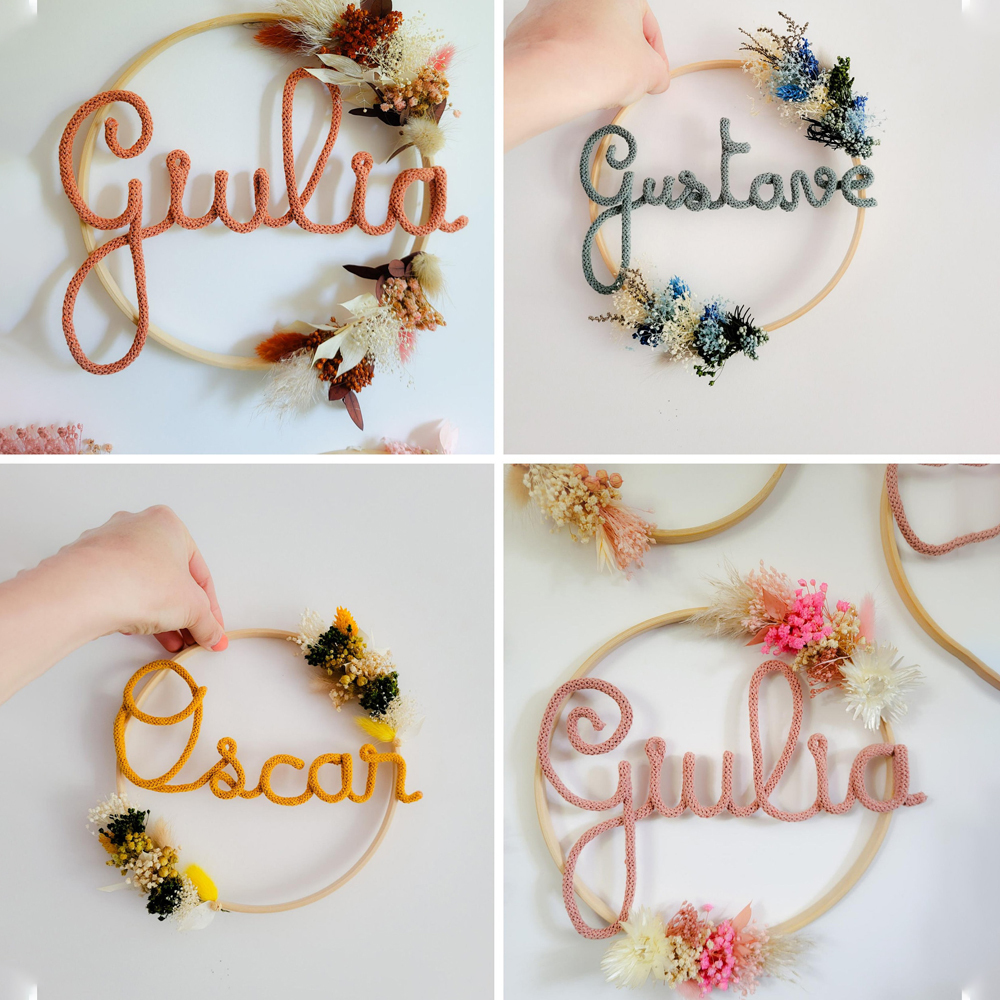 Personalized Knitted Wire Name Sign Crown with Dried Flowers | CWBaby77