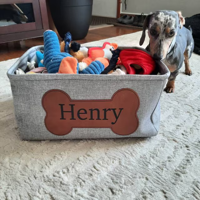 Personalized Leather Patch Pet Fabric Toy Basket | BKPet53