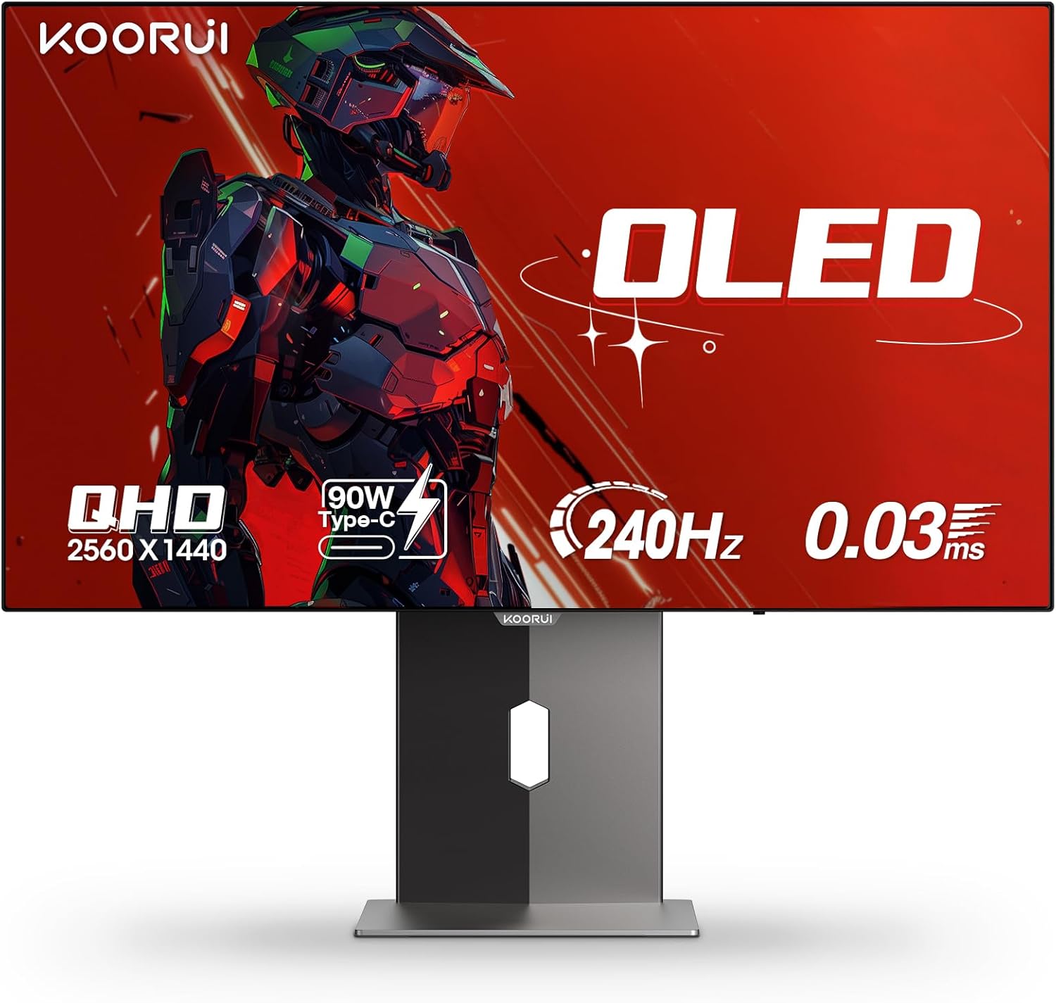 KOORUI 27 inch OLED Gaming Monitor, 1440P 240Hz Computer Monitor, 0.03ms, AdaptiveSync Compatible, 90W Type-C Charge, DCI-P3, Slim Screen, HDMI 2.0, DisplayPort 1.4, USB-C 3.1, VESA, Black, 27E8QK
