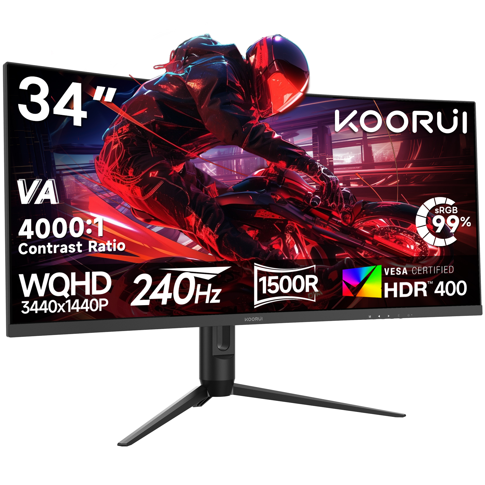 KOORUI 34 Inch 3440x1440P 240Hz Ultrawide Curved Gaming Monitor,21:9, 1500R. Fast VA, 1MS, Vesa, PIP/PBP, Support Adaptive Sync, DP, HDMI, PS5