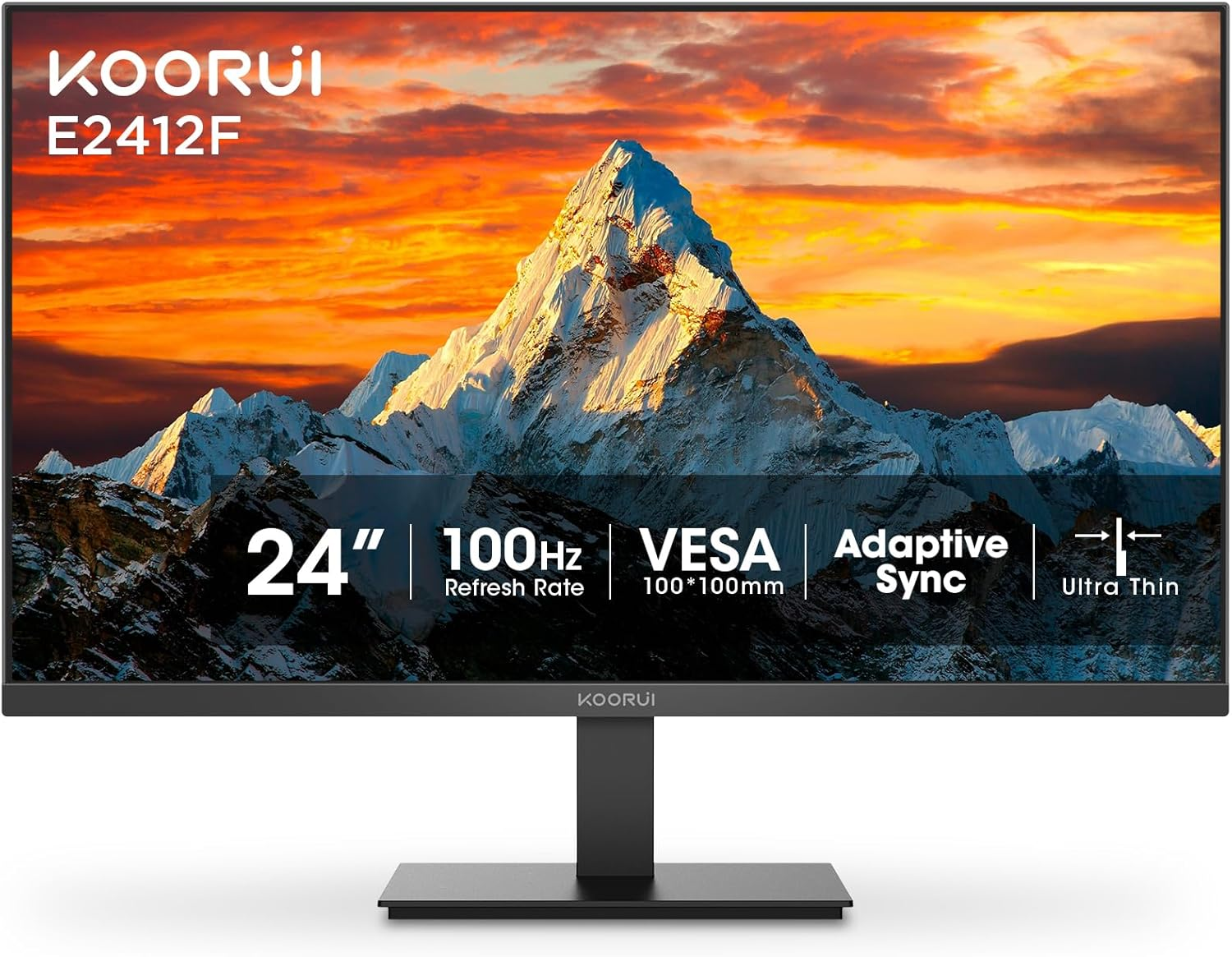 KOORUI E2412F 24 inch Computer Monitor, Full HD 1920 x 1080, Ultrathin Frameless 3000:1 Contrast Ratio, 100Hz, Adaptive-Sync, HDMI & VGA Ports, VESA Mountable 100x100mm, Tilt, Black 