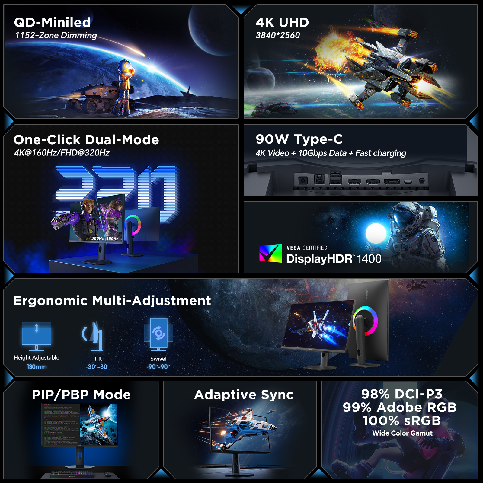 KOORUI 27" 4K QD-Mini LED Gaming Monitor - Dual-Mode (UHD 160Hz or FHD 320Hz), 1ms, 99% Adobe RGB, HDR1400, 90W USB-C, HDMI 2.1/DP1.4, VESA, Tilt Height Swivel Vertical Adjustment, Black, S2741LM