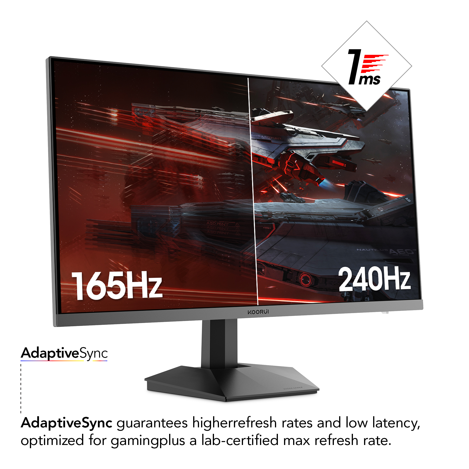 KOORUI Gaming Monitor, 27 inch WQHD 2560 x 1440 PC Computer Monitor, Up to 240Hz Refresh, 1ms, Adaptive Sync, HDR10, DCI-P3 90%, 144Hz Monitor, DisplayPort, HDMI, Tilt Adjustability, Black - GN05