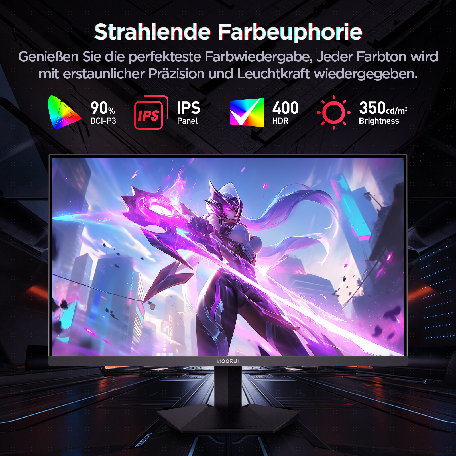 KOORUI G2421V 24 Zoll Gaming Monitor, 1ms 180Hz IPS QHD 2560x1440 PC Bildschirm, HDR400 Adaptive Sync HDMI2.0/DP1.4 VESA 75x75mm