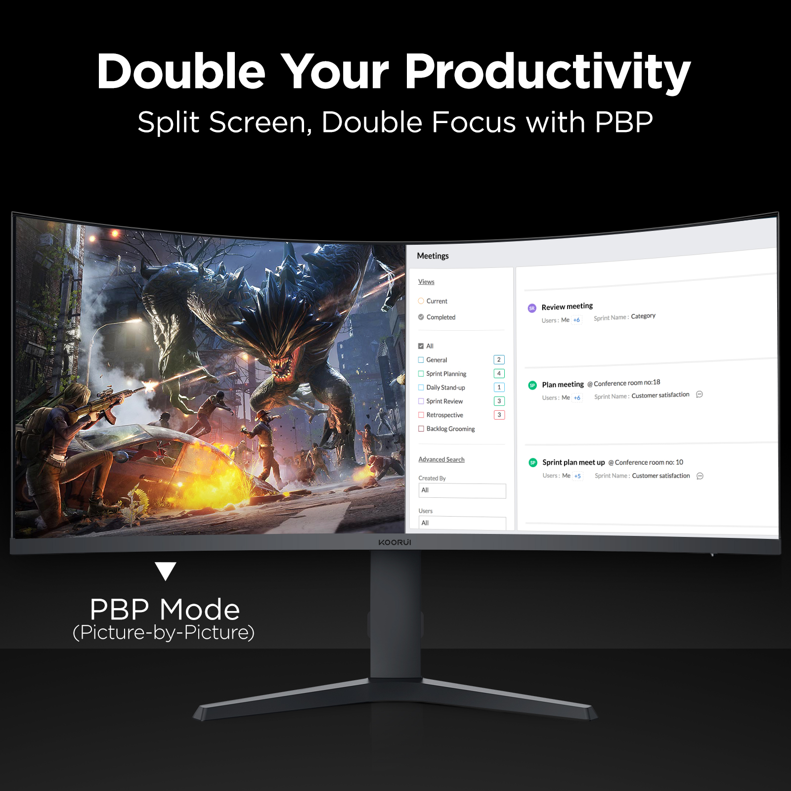 KOORUI 34'' Ultra Curved Gaming Monitor 165HZ, 1ms, WQHD(3440 * 1440), 21:9, Tilt/Height Adjust, HDMI, Display Port, Black