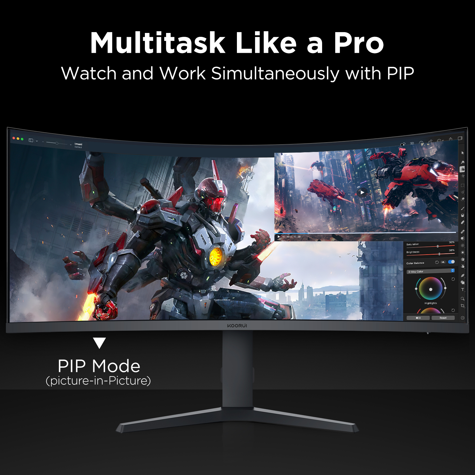 KOORUI 34'' Ultra Curved Gaming Monitor 165HZ, 1ms, WQHD(3440 * 1440), 21:9, Tilt/Height Adjust, HDMI, Display Port, Black