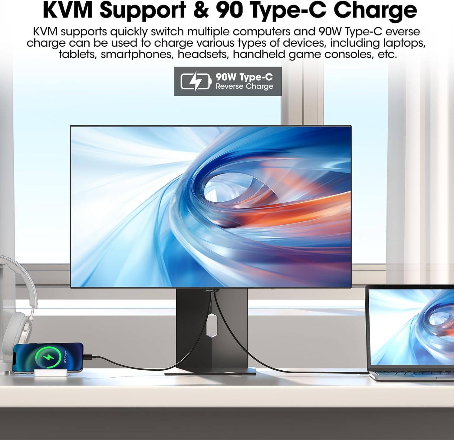 KOORUI 27 inch OLED Gaming Monitor, 1440P 240Hz Computer Monitor, 0.03ms, AdaptiveSync Compatible, 90W Type-C Charge, DCI-P3, Slim Screen, HDMI 2.0, DisplayPort 1.4, USB-C 3.1, VESA, Black, 27E8QK