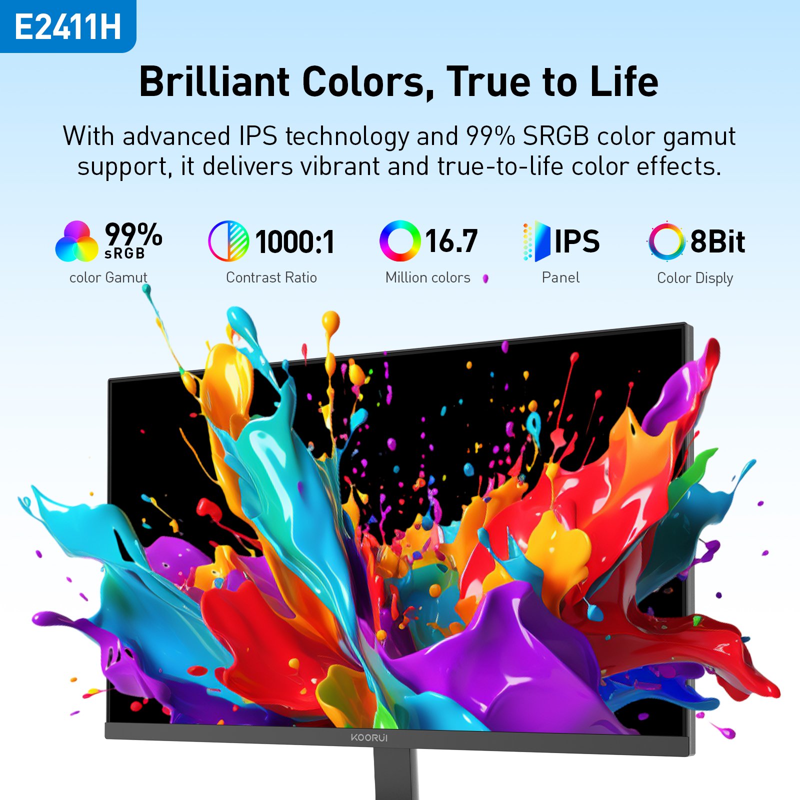 KOORUI 24-inch Monitor 120Hz, Full HD 1980 * 1080p IPS Ultra-Thin Computer Monitor with Adaptive Sync, VESA 100 * 100mm Mountable,Tilt Adjustable,HDMI & VGA Ports,Black, E2411H
