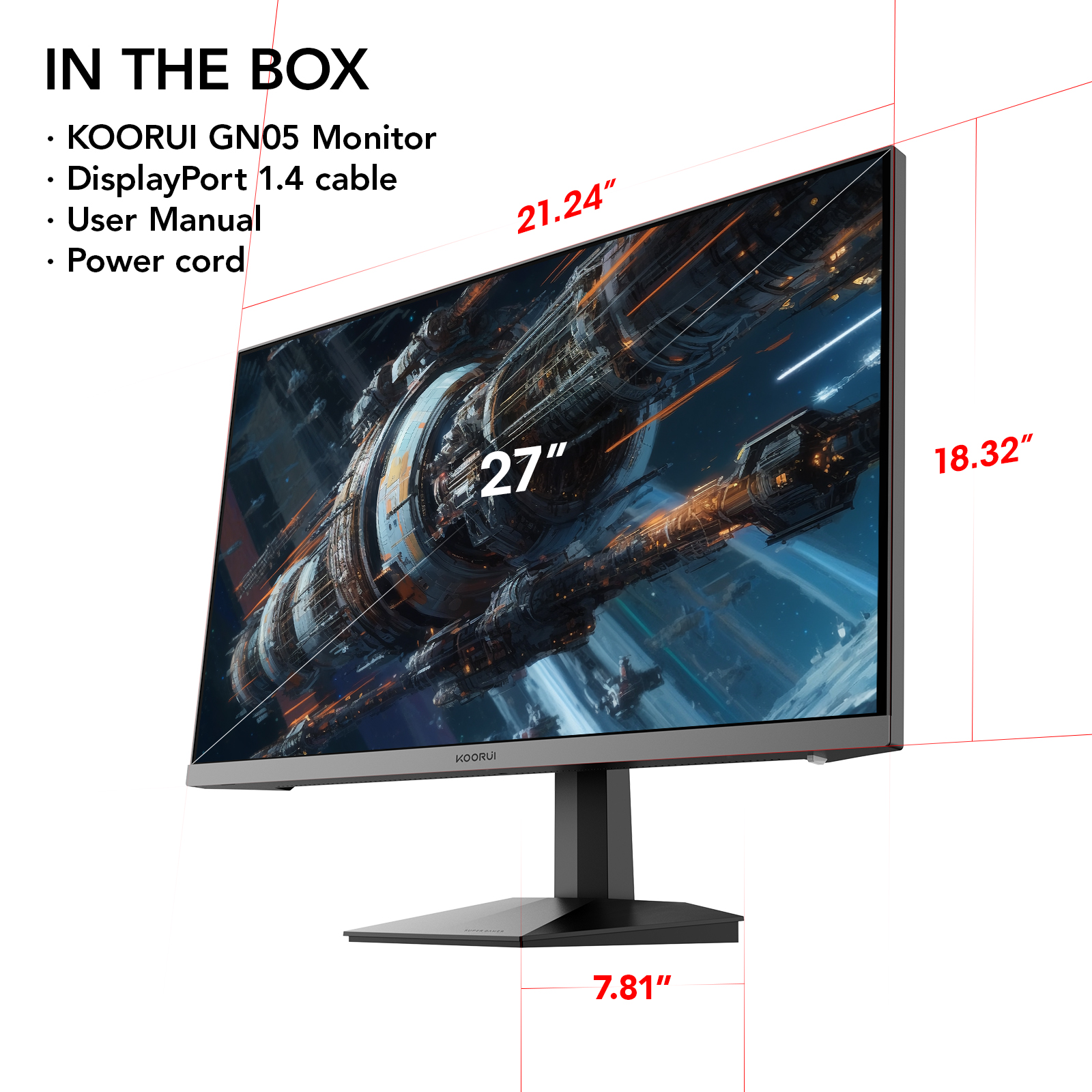 KOORUI Gaming Monitor, 27 inch WQHD 2560 x 1440 PC Computer Monitor, Up to 240Hz Refresh, 1ms, Adaptive Sync, HDR10, DCI-P3 90%, 144Hz Monitor, DisplayPort, HDMI, Tilt Adjustability, Black - GN05