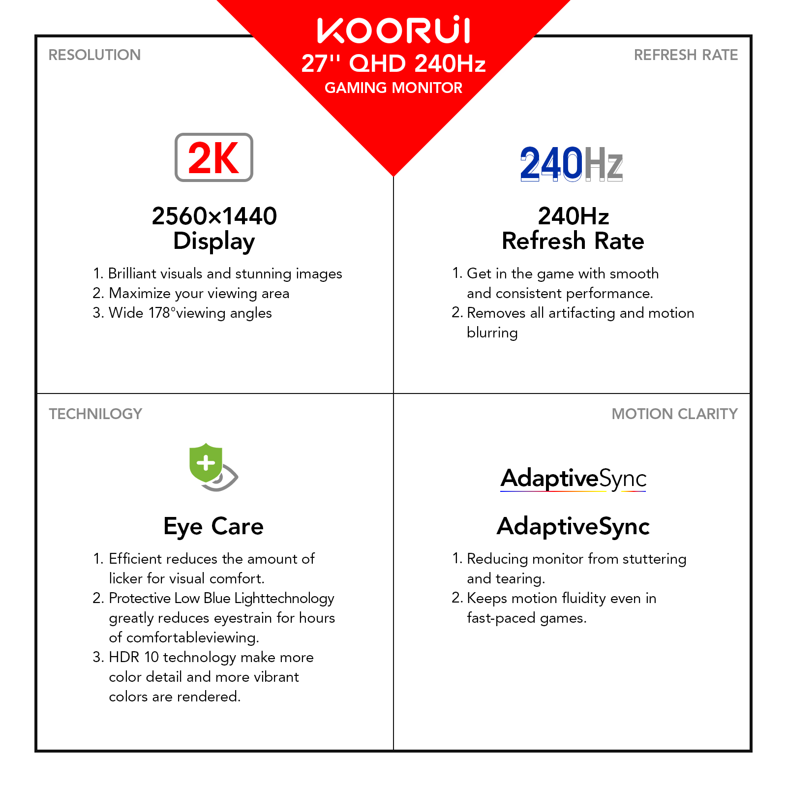 KOORUI Gaming Monitor, 27 inch WQHD 2560 x 1440 PC Computer Monitor, Up to 240Hz Refresh, 1ms, Adaptive Sync, HDR10, DCI-P3 90%, 144Hz Monitor, DisplayPort, HDMI, Tilt Adjustability, Black - GN05