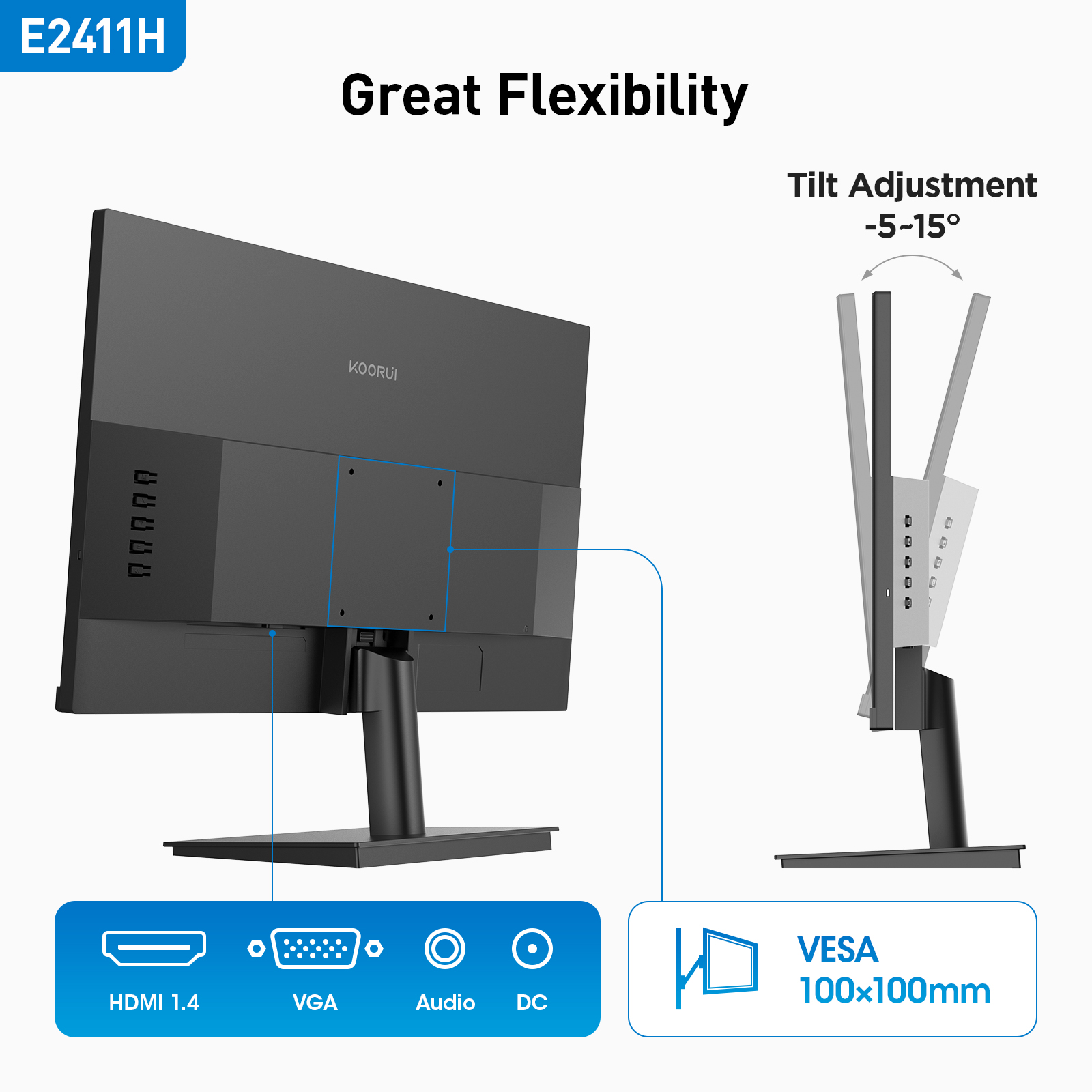 KOORUI 24-inch Monitor 120Hz, Full HD 1980 * 1080p IPS Ultra-Thin Computer Monitor with Adaptive Sync, VESA 100 * 100mm Mountable,Tilt Adjustable,HDMI & VGA Ports,Black, E2411H