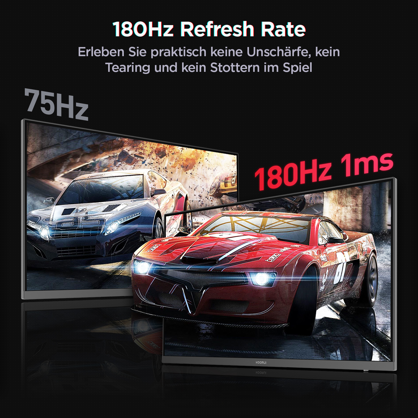 KOORUI G2421V 24 Zoll Gaming Monitor, 1ms 180Hz IPS QHD 2560x1440 PC Bildschirm, HDR400 Adaptive Sync HDMI2.0/DP1.4 VESA 75x75mm