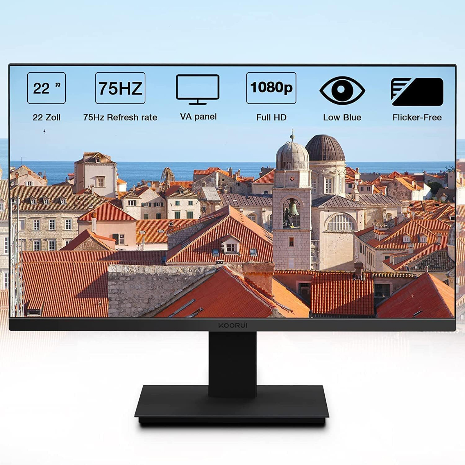  KOORUI 22 Inch 75Hz 99%sRGB LED Computer Monitor,Full HD 1920 x 1080 Office Monitor, VA Desktop Display, HDMI VGA Ports,Vision Care
