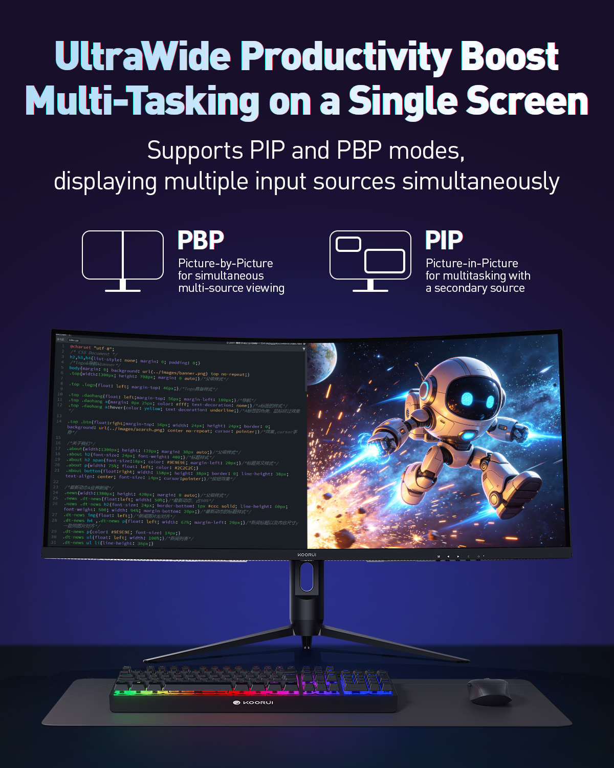 KOORUI 34" Ultrawide Curved Gaming Monitor, 240Hz, WQHD 3440×1440, 1500R Immersive Display, Adaptive Sync, 1ms, DIC-P3 98%, HDR400, HDMI 2.1/DP 1.4, VESA, for PC Gaming, Work & Play