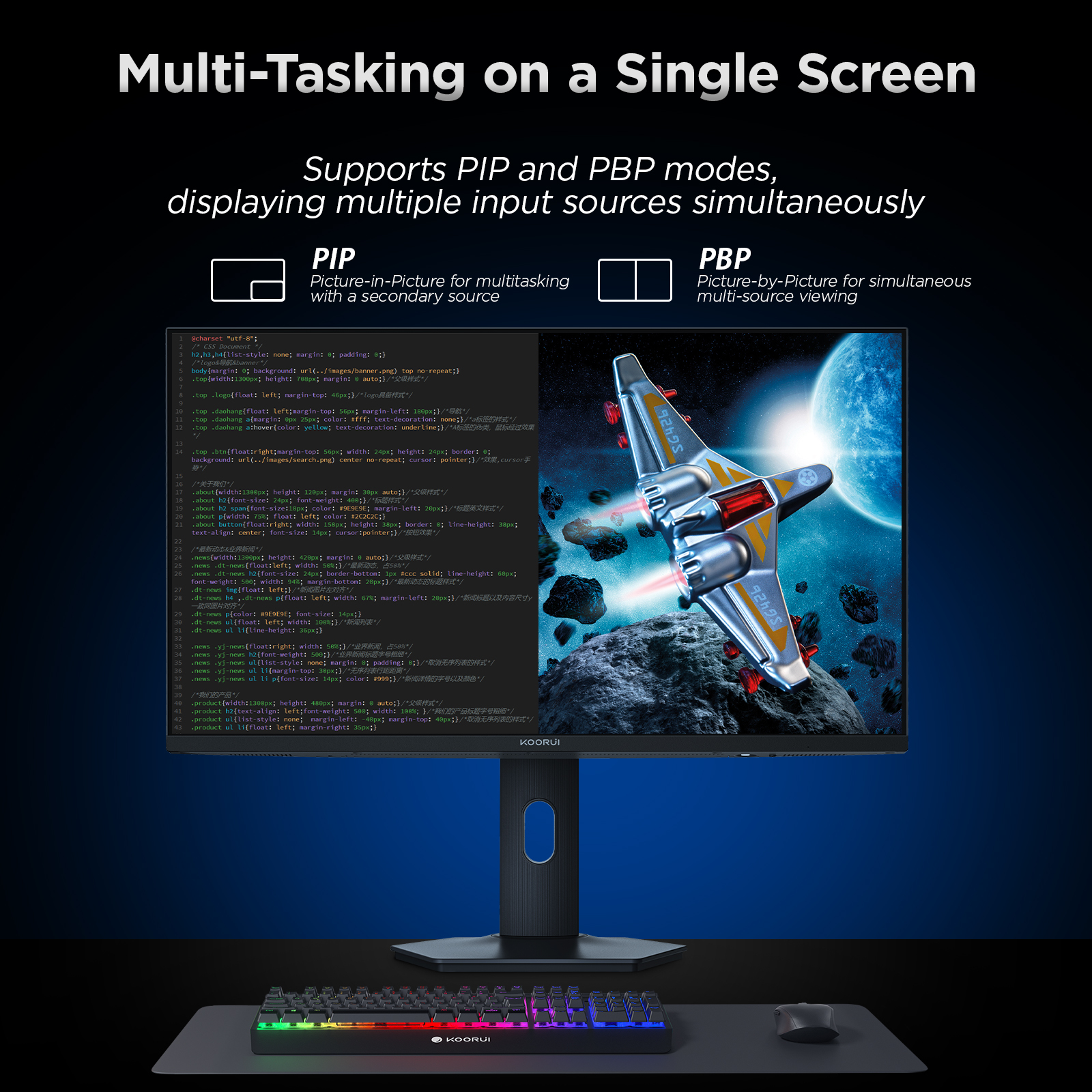 KOORUI 27" 4K QD-Mini LED Gaming Monitor - Dual-Mode (UHD 160Hz or FHD 320Hz), 1ms, 99% Adobe RGB, HDR1400, 90W USB-C, HDMI 2.1/DP1.4, VESA, Tilt Height Swivel Vertical Adjustment, Black, S2741LM