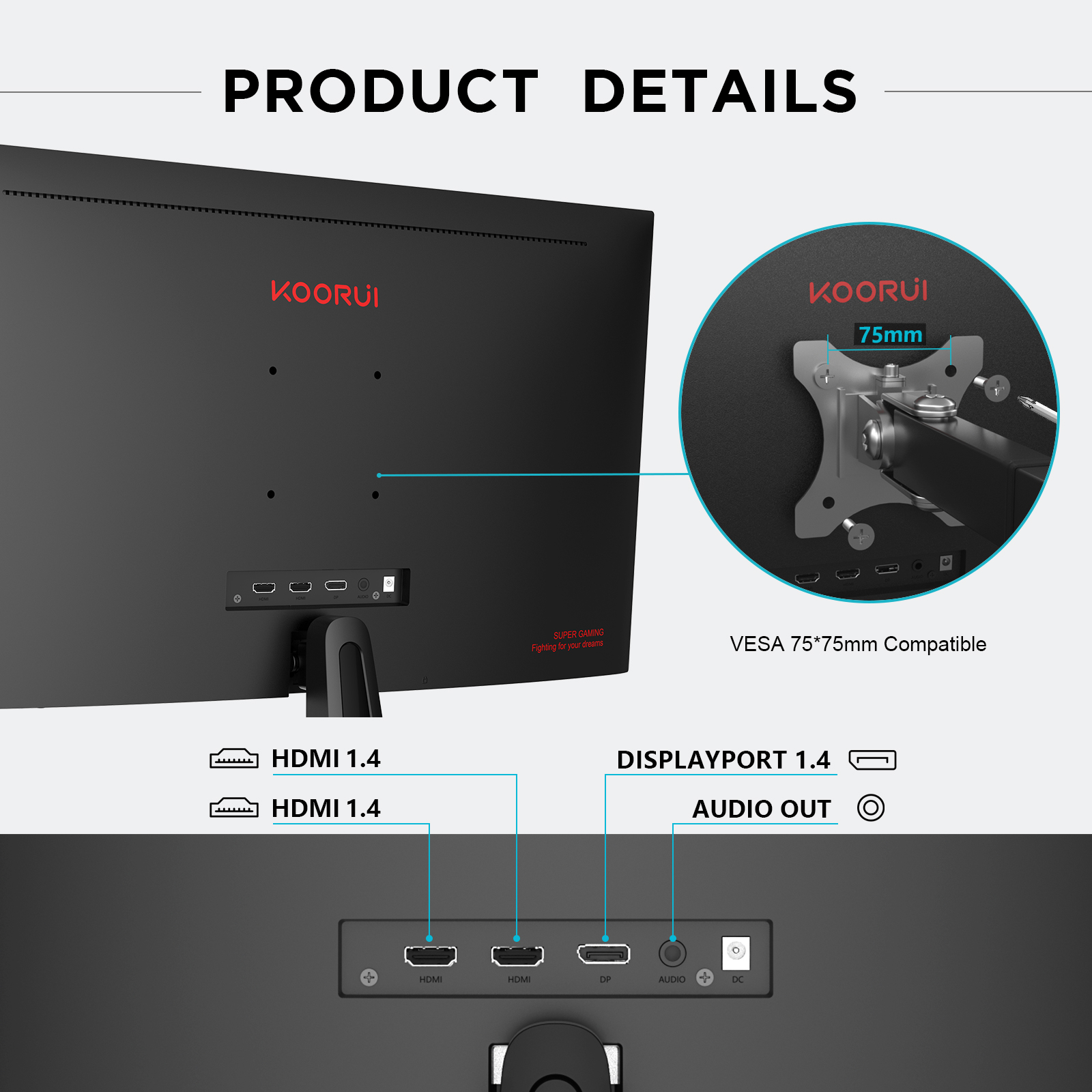 KOORUI 24 Inch Gaming Monitor, 165Hz, FHD 1080P, VA, 1ms, AdaptiveSync Technology, Ultra-Thin Screen, HDMI/DP, VESA Compatible, Tilt Adjustable, Eye Care