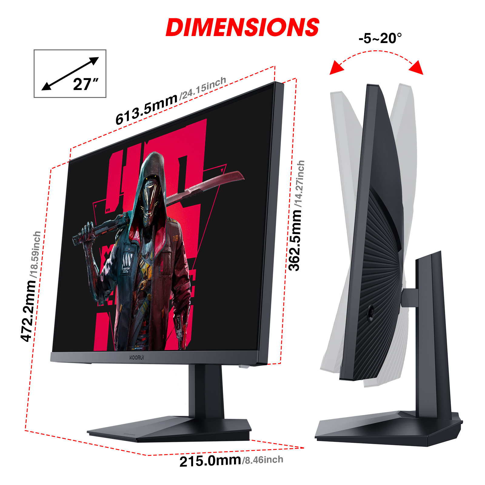 KOORUI 27 Inch QHD Gaming Monitor 170Hz, 1ms, IPS Panel, HDR10, DCI-P3 90% Color Gamut, Adaptive-Sync Compatible, (2560x1440, HDMI, DisplayPort) Black