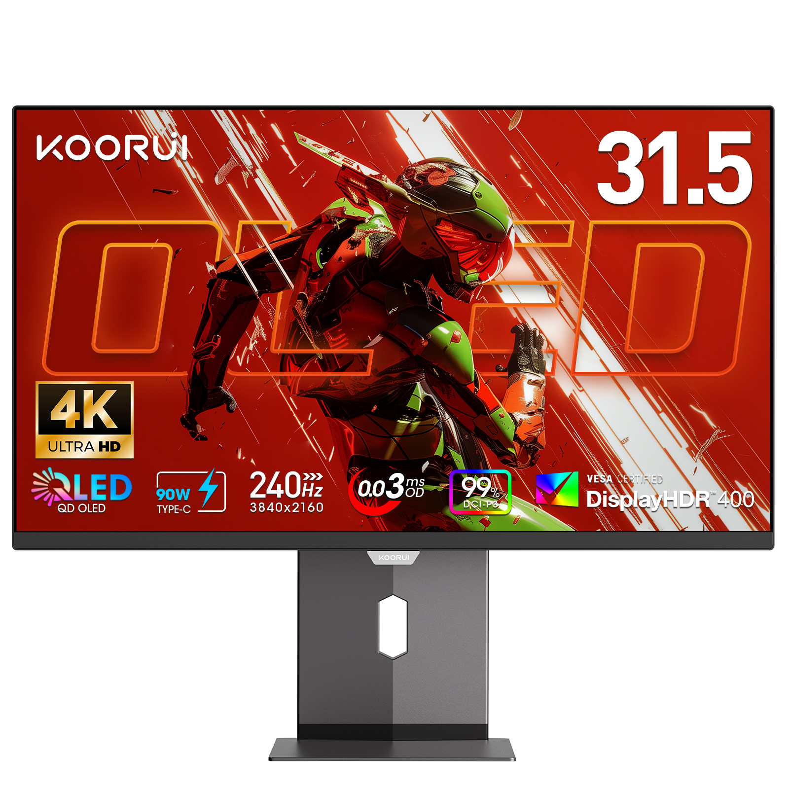 KOORUI 32 Inch Gaming Monitor, 4K UHD 240Hz, 0.03ms Computer Monitors, OLED Display, AdaptiveSync, Tilt/Pivot/Swivel/Height Adjustable, 99% DCI-P3, HDR True Black 400, DisplayPort, HDMI, Type-C