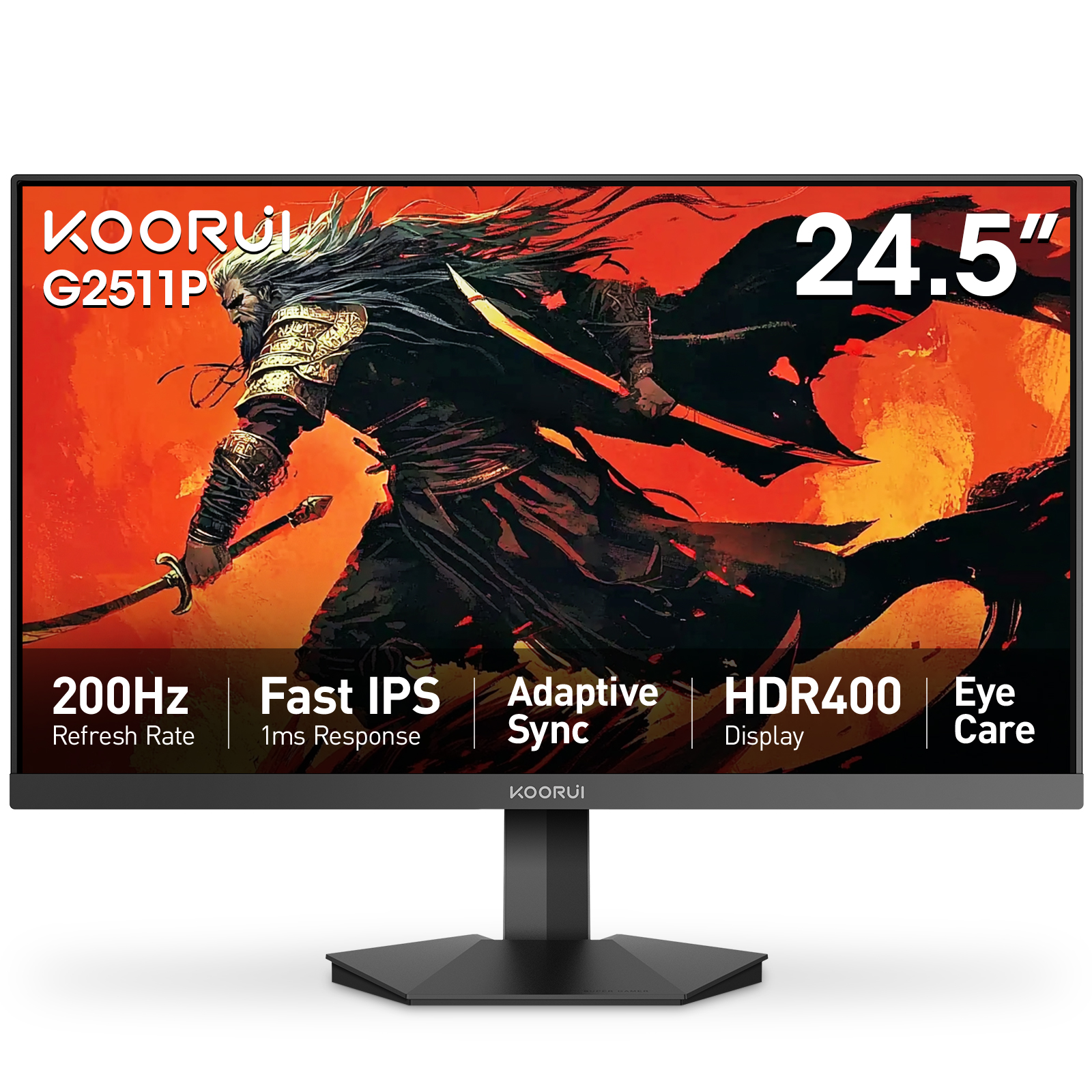 KOORUI 24.5 Inch Gaming Monitor, 200Hz Monitor, 1ms, FHD 1080p IPS Display, 90% DCI-P3 Color Gamut, HDR400, with Adaptive Sync Thechnology, HDMI & DP Port, Black, G2511P