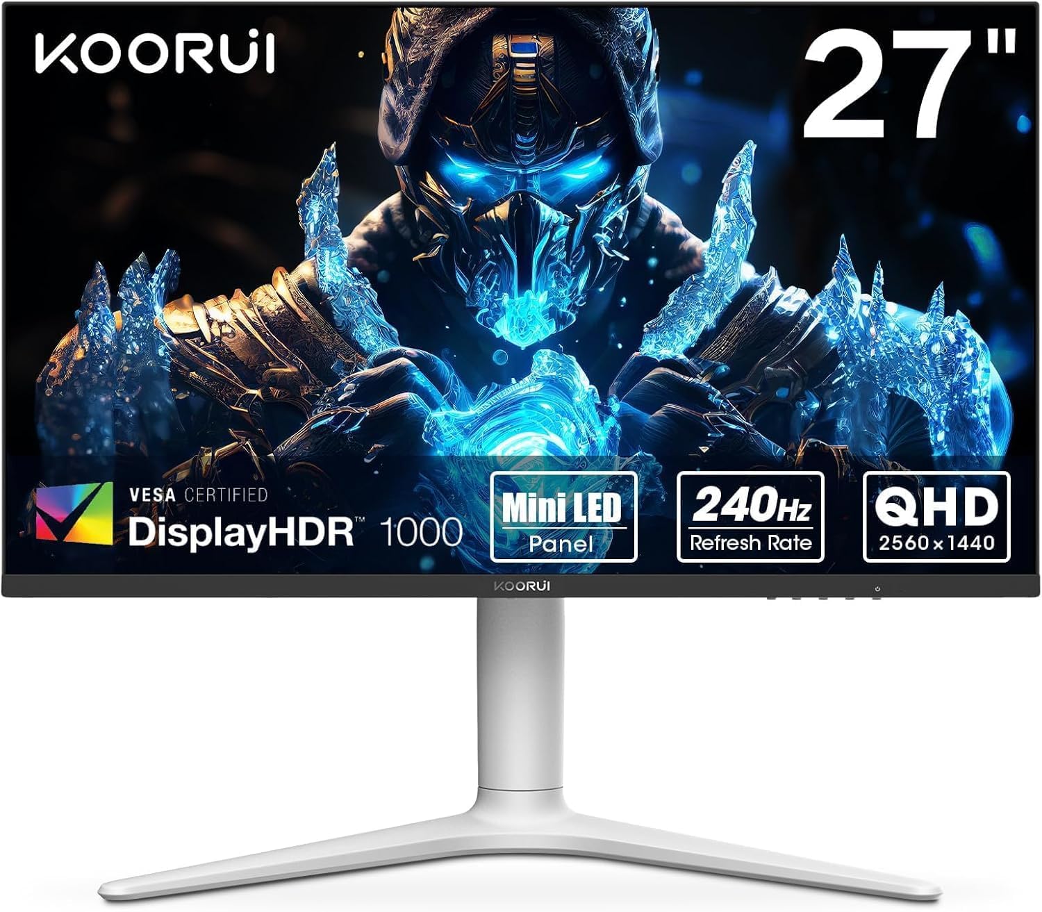 KOORUI Gaming Monitor 27 Inches, 240Hz, VA Mini LED, 1ms, QHD Gaming Screen Adaptive Sync, 2xHDMI 2.0 & DisplayPort 1.4, HDR 1000, DCI-P3 95%, VESA 75 x 75 mm, Eye Care, Height Adjustable