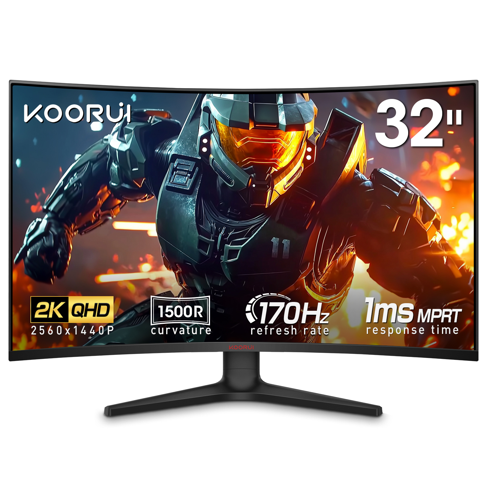 KOORUI 32 inch Curved Gaming Monitor - QHD 2560x1440, 170Hz Refresh Rate, 1500R Curvature, 1ms Response, HDR10, FreeSync Premium,Adaptive Sync, Tilt Adjustable, HDMI & DisplayPort，Black