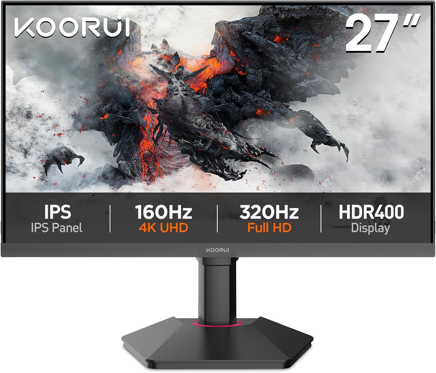 KOORUI 27 Inch Gaming Monitor, UHD 160Hz / FHD 320Hz, IPS Panel, Adjustable Stand, 95% DCI-P3, HDR400, HDMI/DP, Eye-Care, VESA Mountable，G2741L