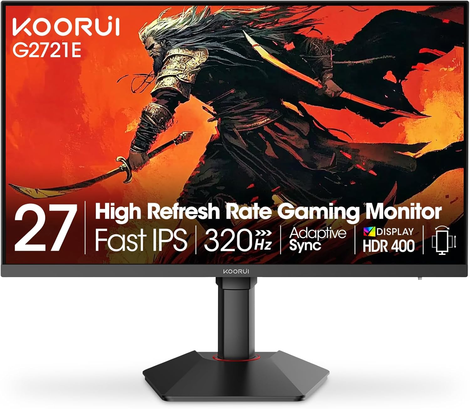 KOORUI Gaming Monitor, 27" Fast IPS Computer Monitor, 320Hz QHD HDR400 Display, 1ms PC Screen, 98% DCI-P3 Color Gamut, Adaptive Sync, Ultra Slim Frame, VESA Mountable, HDMI 2.0, DP 1.4, G2721E