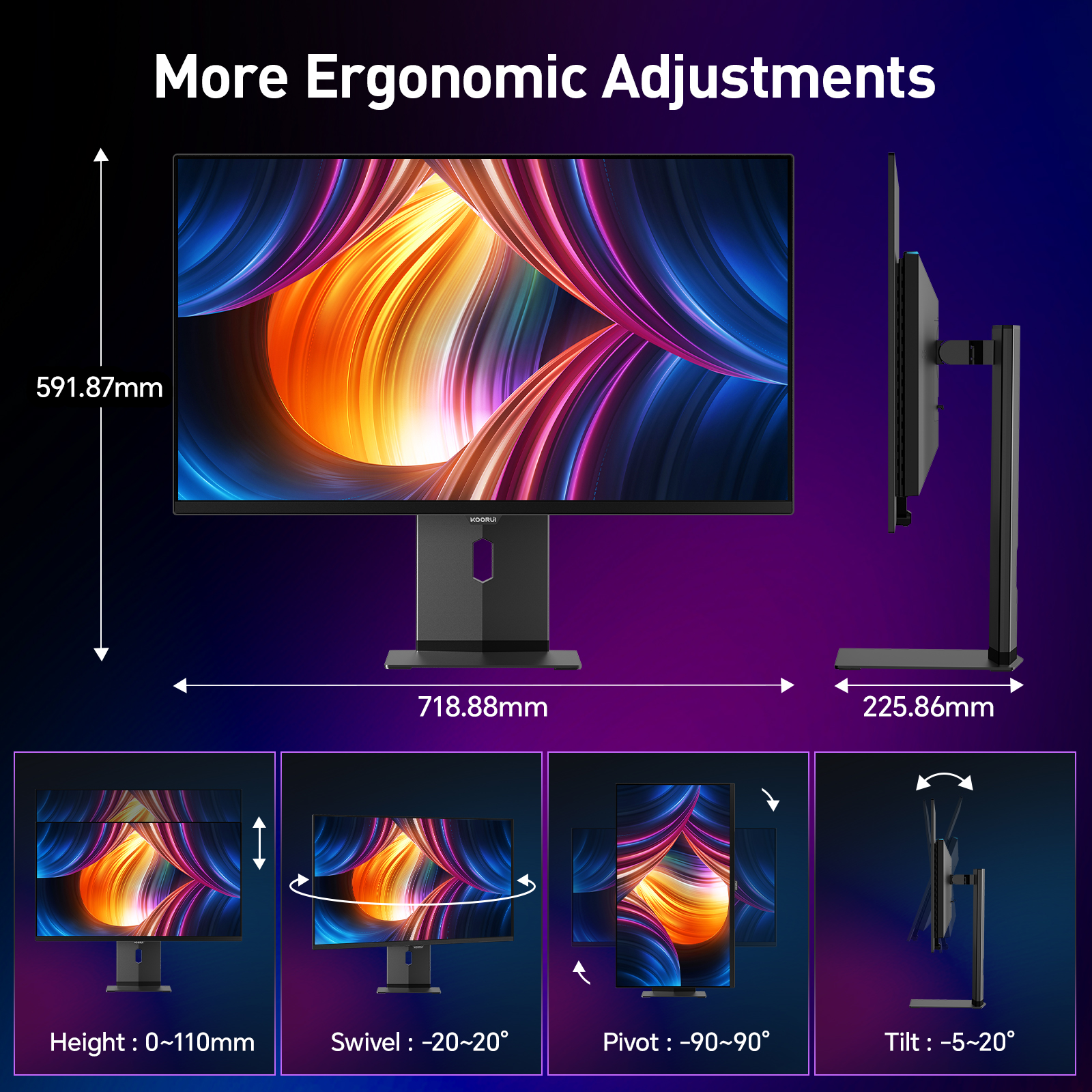 KOORUI 32 Inch Gaming Monitor, 4K UHD 240Hz, 0.03ms Computer Monitors, OLED Display, AdaptiveSync, Tilt/Pivot/Swivel/Height Adjustable, 99% DCI-P3, HDR True Black 400, DisplayPort, HDMI, Type-C