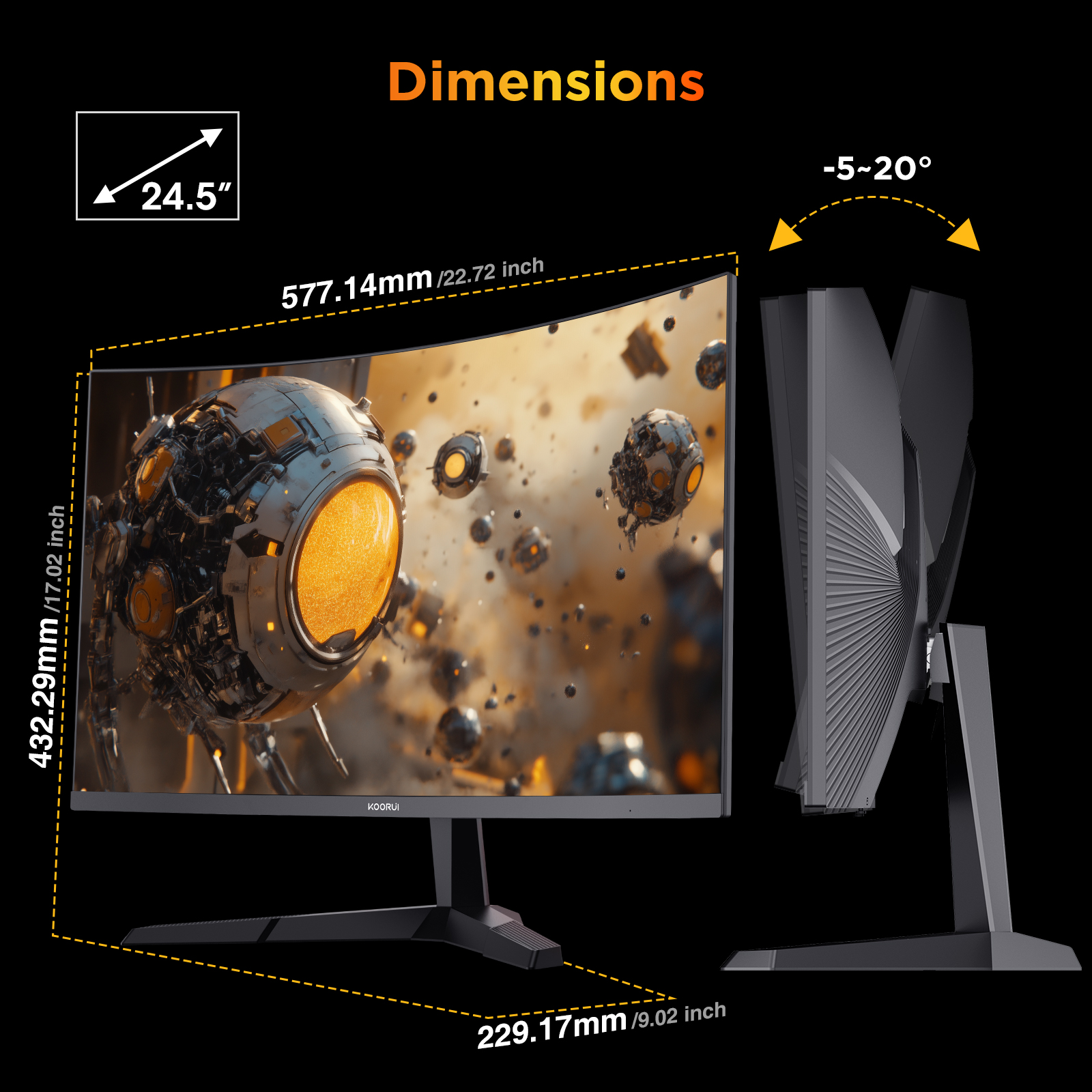 KOORUI 25 Inch Curved Gaming Monitor 240Hz FHD 1080P Computer Monitor, 1500R 1ms GTG Display, Adaptive Sync, 90% DCI-P3,HDR10, Eye Care, Tilt Adjustable, VESA 75x75mm, Black,G2511XC