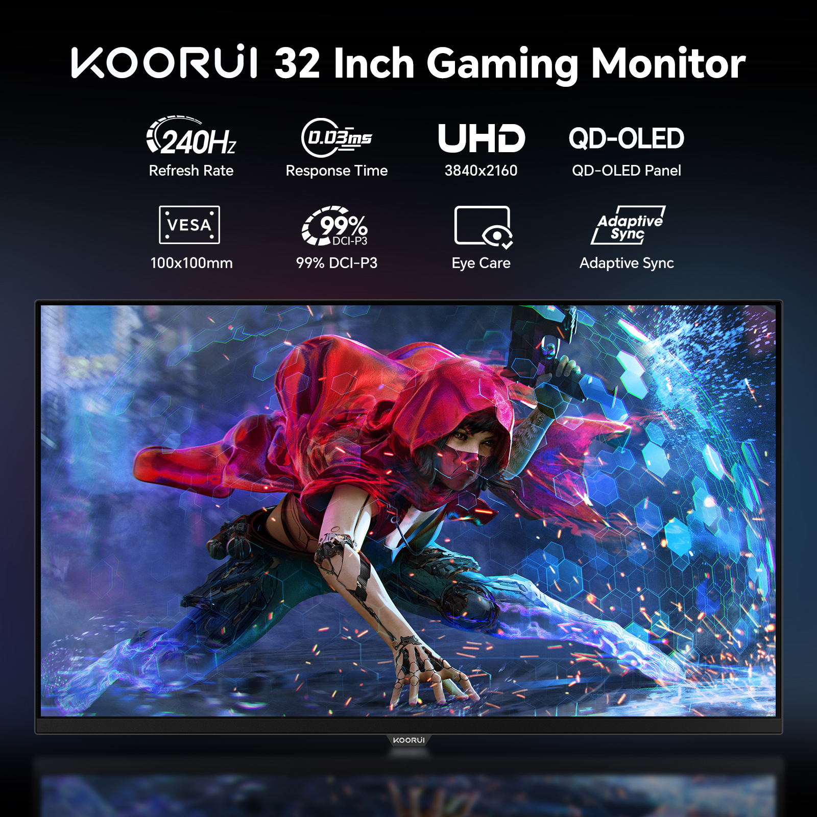 KOORUI 32 Inch Gaming Monitor, 4K UHD 240Hz, 0.03ms Computer Monitors, OLED Display, AdaptiveSync, Tilt/Pivot/Swivel/Height Adjustable, 99% DCI-P3, HDR True Black 400, DisplayPort, HDMI, Type-C