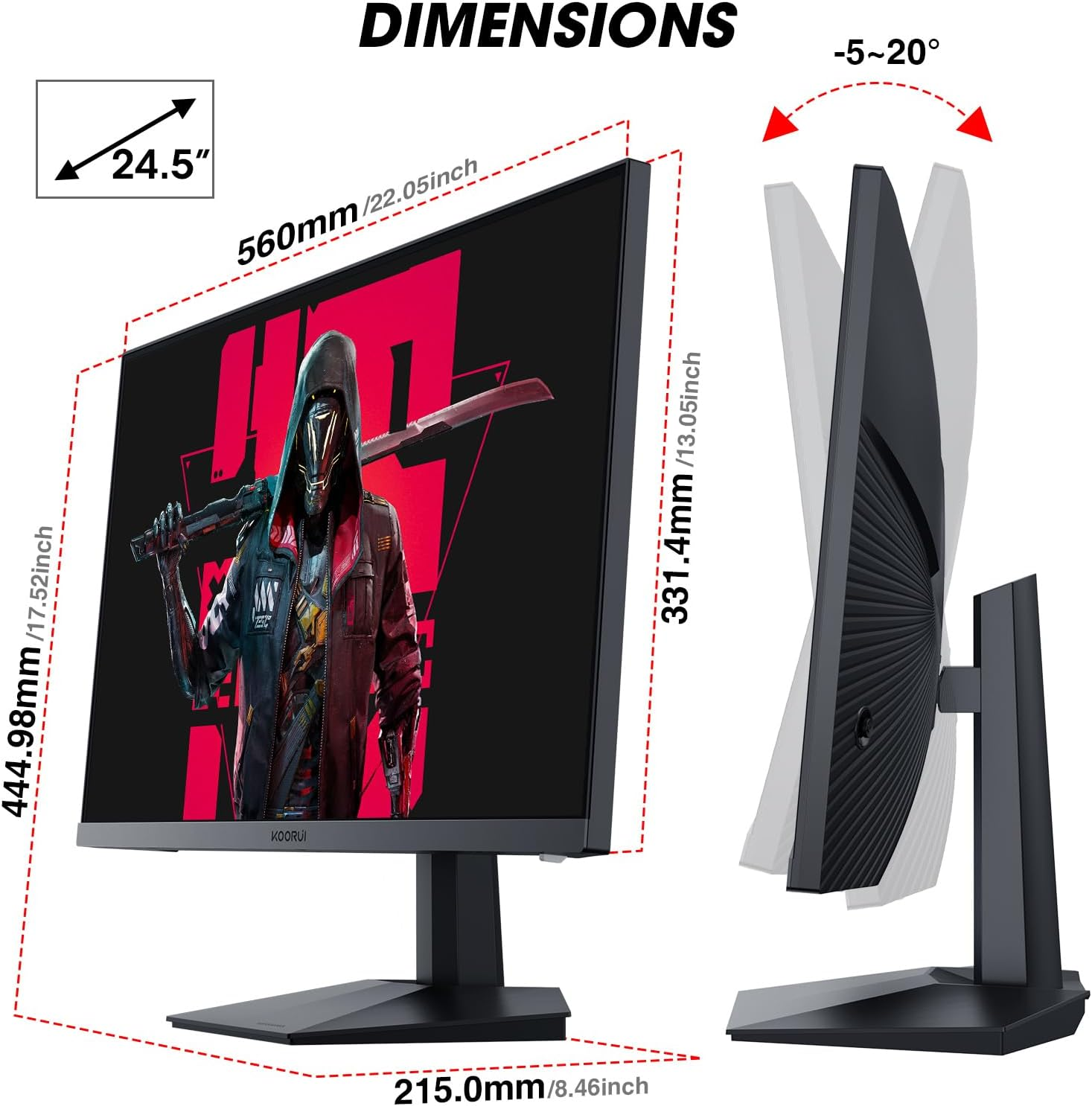 KOORUI 24.5” FHD 1920x1080p VA Gaming Monitor, 170Hz 1ms Monitor, FreeSync Premium, Adaptive Sync, 2xHDMI(144Hz) & DisplayPort(170Hz), sRGB 125%, 75 * 75mm VESA, Tilt Adjustable, Eye Care, Black