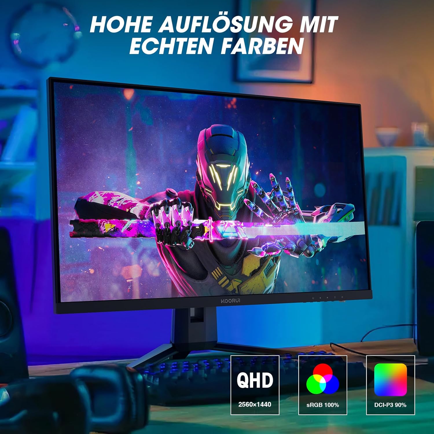 KOORUI Gaming Monitor 27 Inch QHD 144 Hz, 1ms, DCI-P3 90% Colour Range, Adaptive Sync, 2560 x 1440, HDMI, DisplayPort