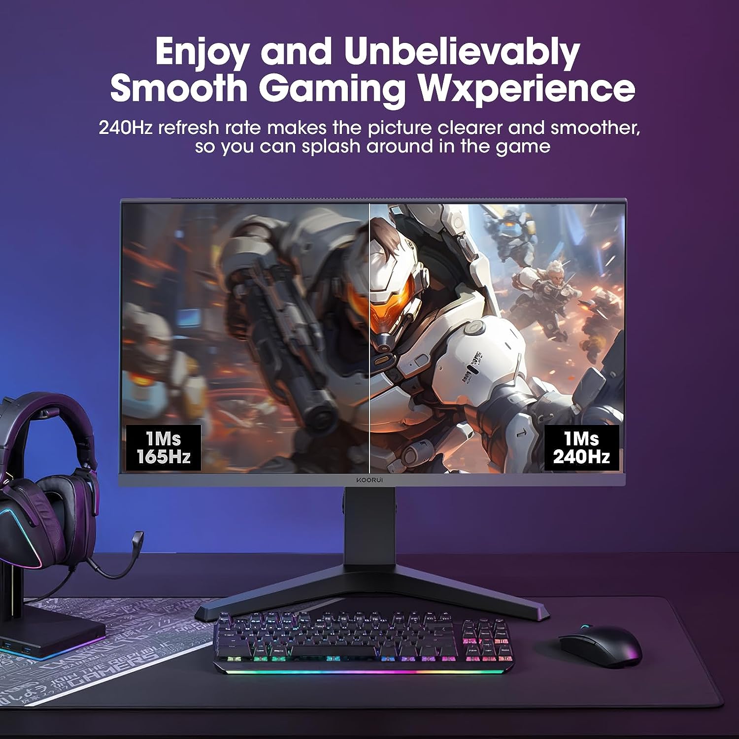 KOORUI Gaming Monitor 27 Inch - WQHD Screen PC, 240Hz, 1 ms, Adaptive Sync, Gsync Compatibility, (2560 x 1440, HDMI, DisplayPort, HDR 400) Black/Red