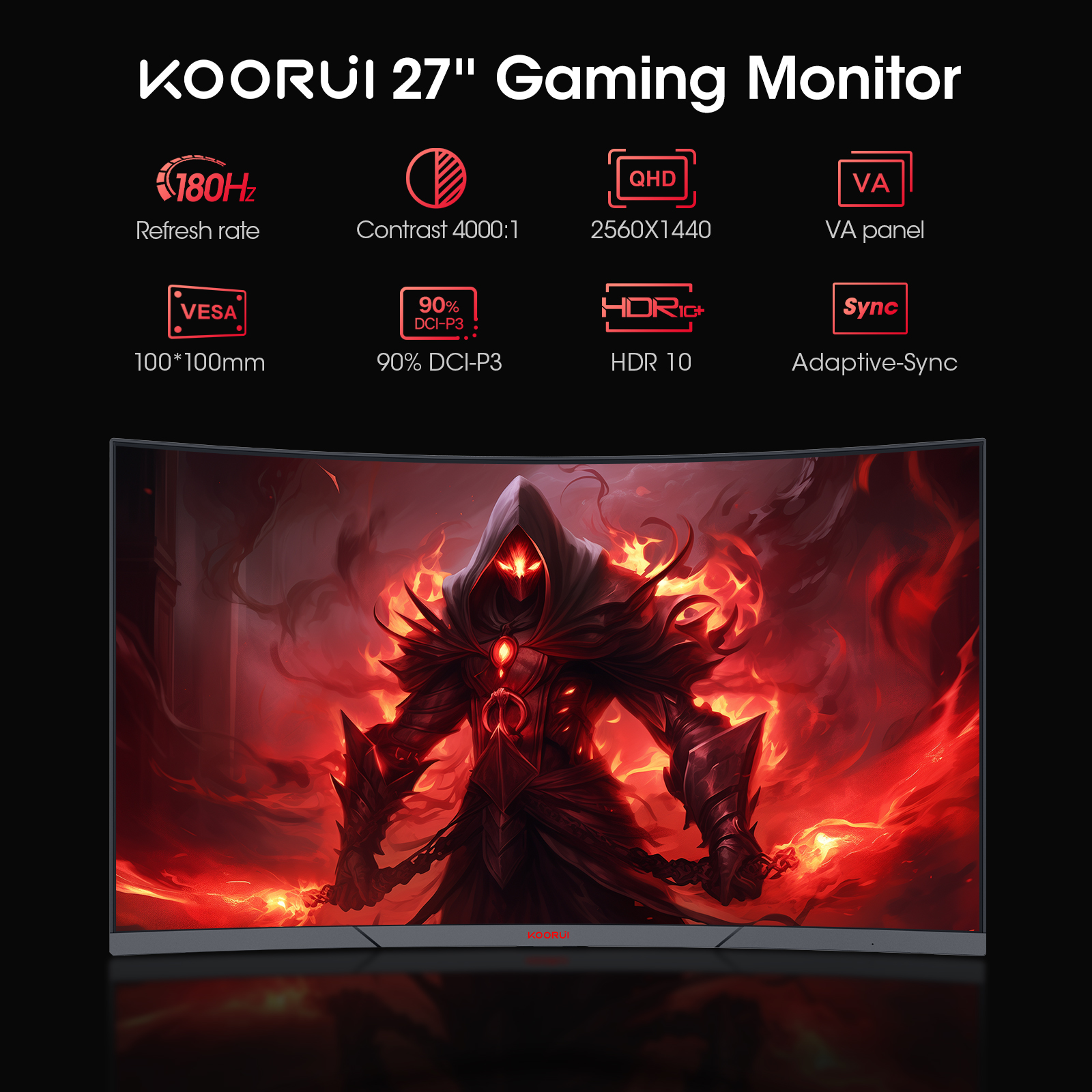 KOORUI 27 inch Curved Gaming Monitor, QHD (2560 x 1440) R1500 180Hz, AdaptiveSync with 1ms Computer Monitor, VESA Compatible, HDR10, 1 x Display Port 1.4 & 2 x HDMI 2.0, Eye Care 27E6QCA