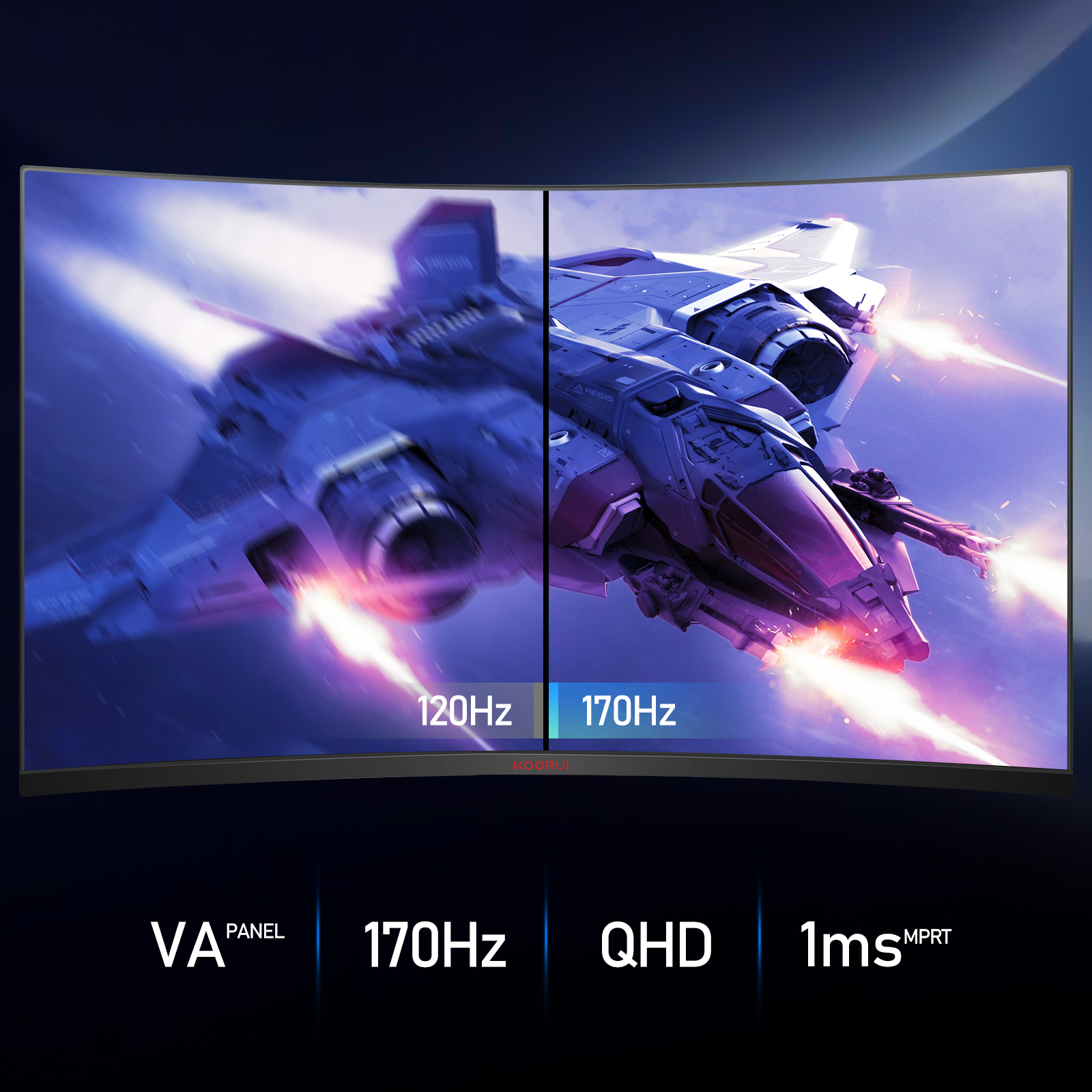 KOORUI 32 inch Curved Gaming Monitor - QHD 2560x1440, 170Hz Refresh Rate, 1500R Curvature, 1ms Response, HDR10, FreeSync Premium,Adaptive Sync, Tilt Adjustable, HDMI & DisplayPort，Black