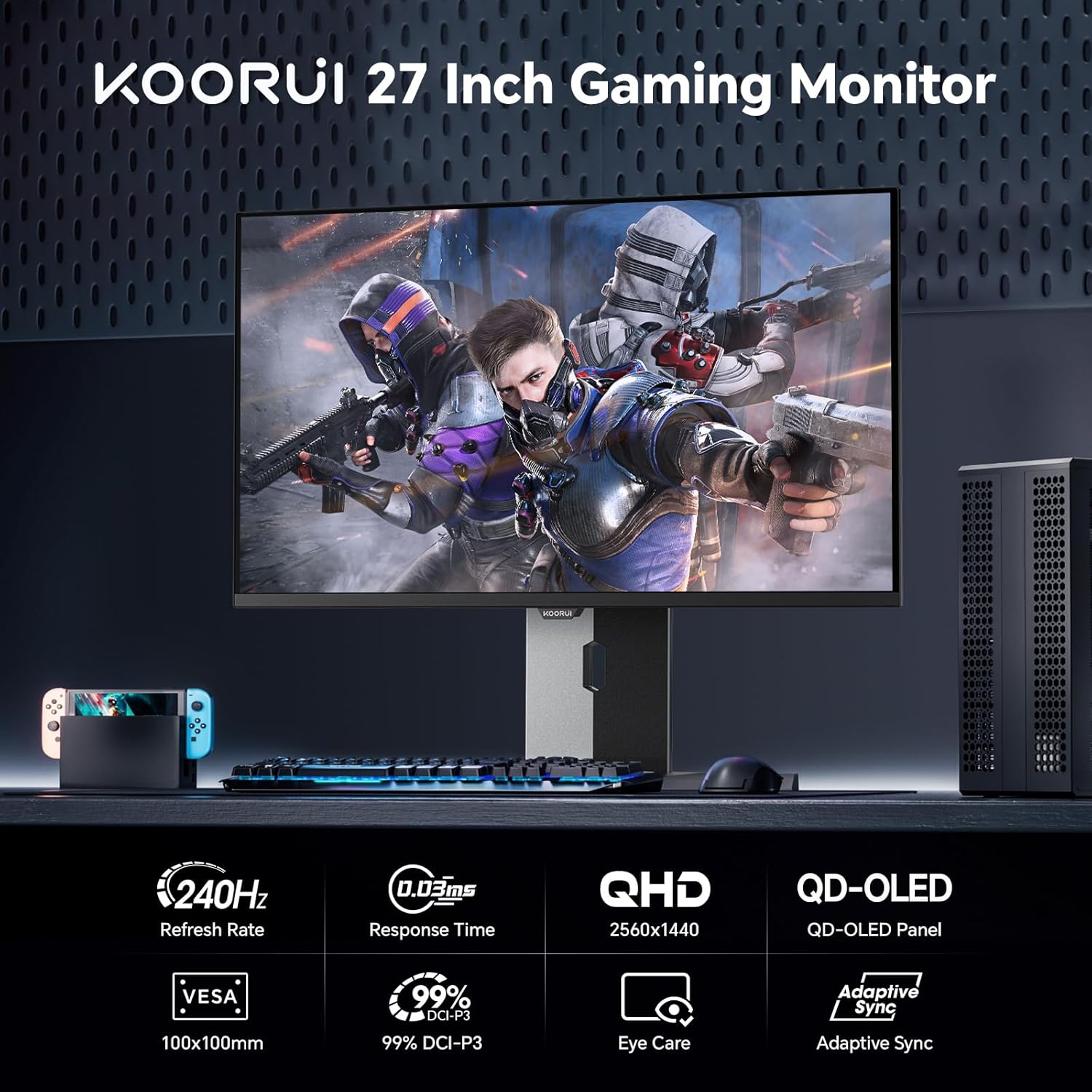 KOORUI 27 inch OLED Gaming Monitor, 240Hz Monitor, 0.03ms, 1440p AdaptiveSync Compatible, 99% DCI-P3, Height/Pivot/Tilt/Swivel Adjustability, HDMI 2.0, DisplayPort 1.4, VESA, Black, S2721XO