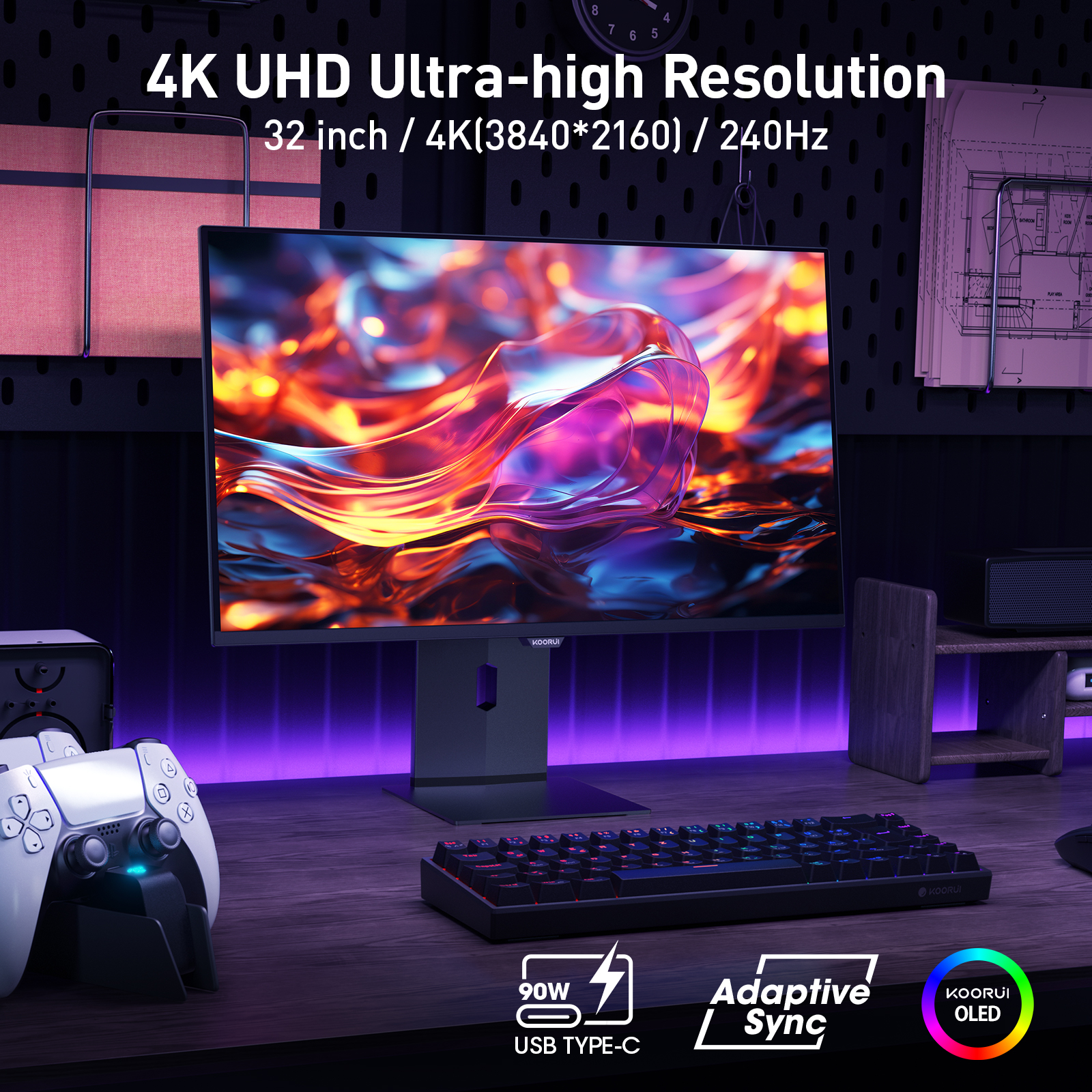 KOORUI 32 Inch Gaming Monitor, 4K UHD 240Hz, 0.03ms Computer Monitors, OLED Display, AdaptiveSync, Tilt/Pivot/Swivel/Height Adjustable, 99% DCI-P3, HDR True Black 400, DisplayPort, HDMI, Type-C