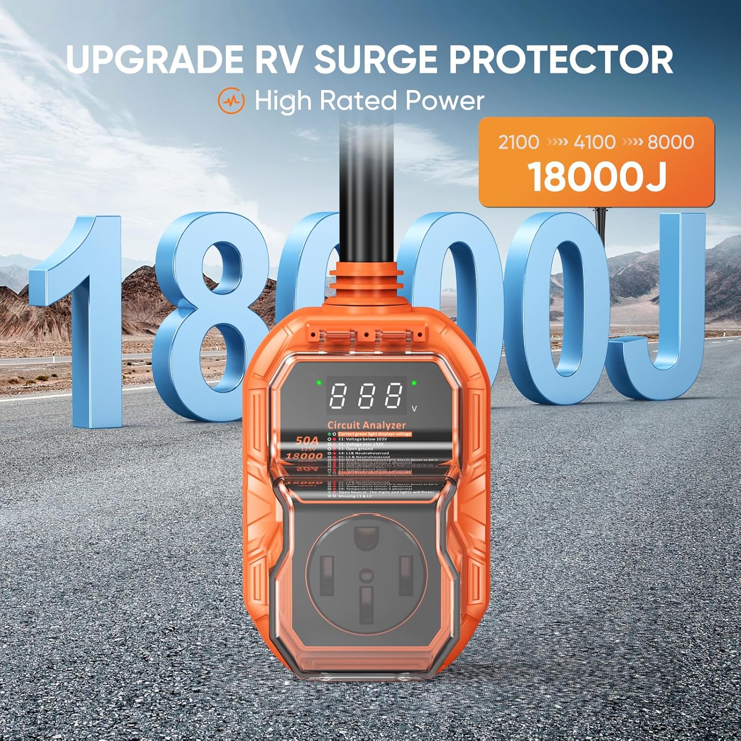 18000J RV Surge Protector 50 Amp with Smart LED Display, RV Circuit Analyzer Waterproof with High/Low Voltage Protection, RV Adapter Plug for Camper with Voltage Monitoring, Clear Error Codes